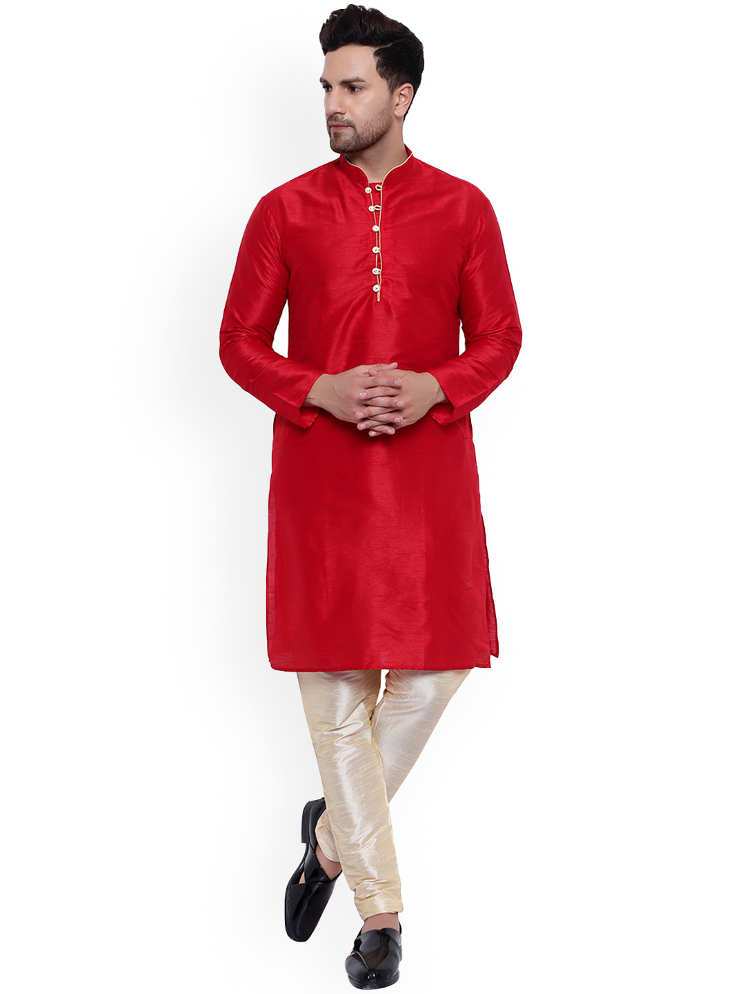 

ONNIX Mandarin Collar Long Sleeve Regular Kurta with Churidar, Red