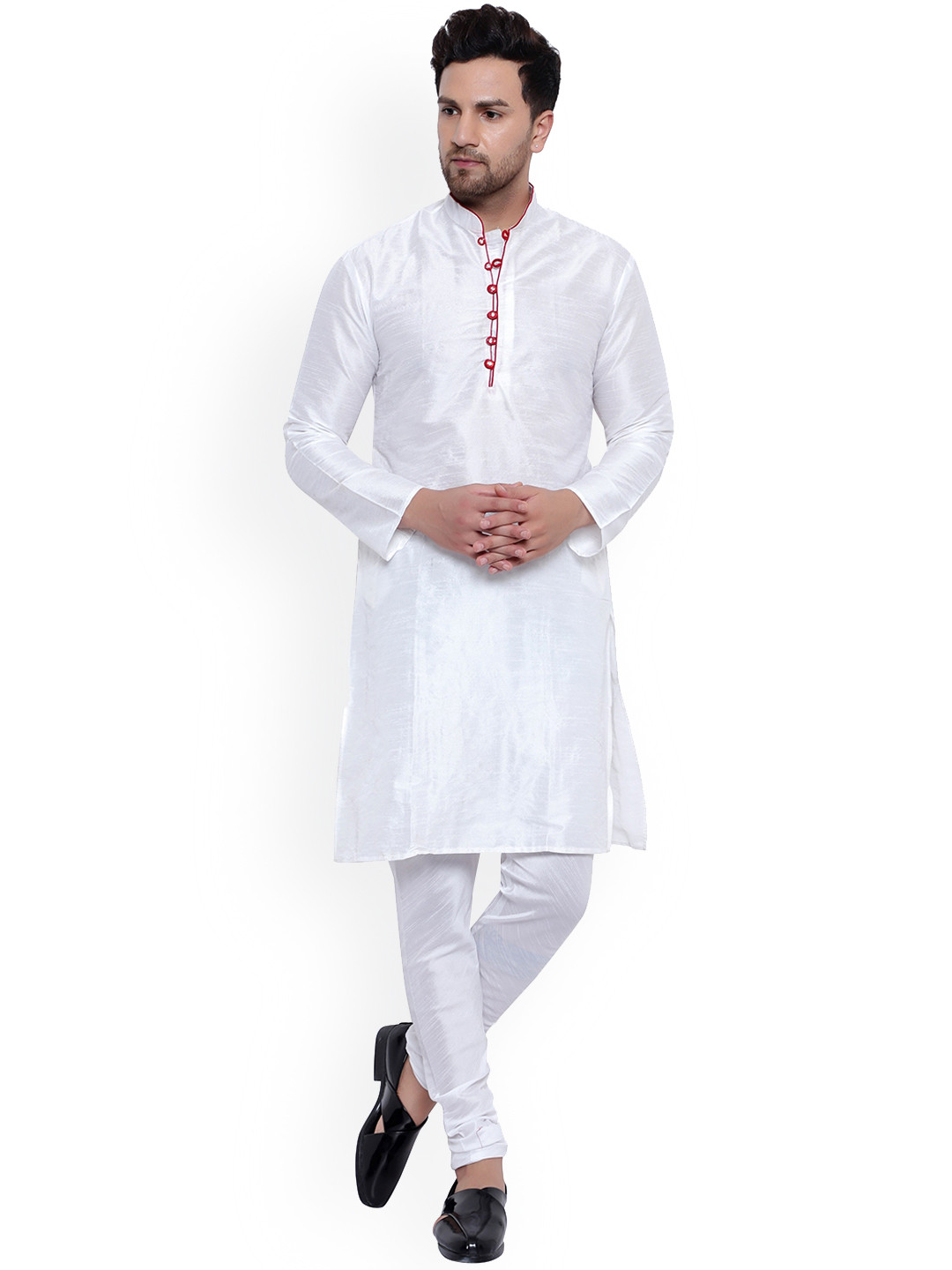 

ONNIX Mandarin Collar Long Sleeve Regular Kurta with Churidar, White