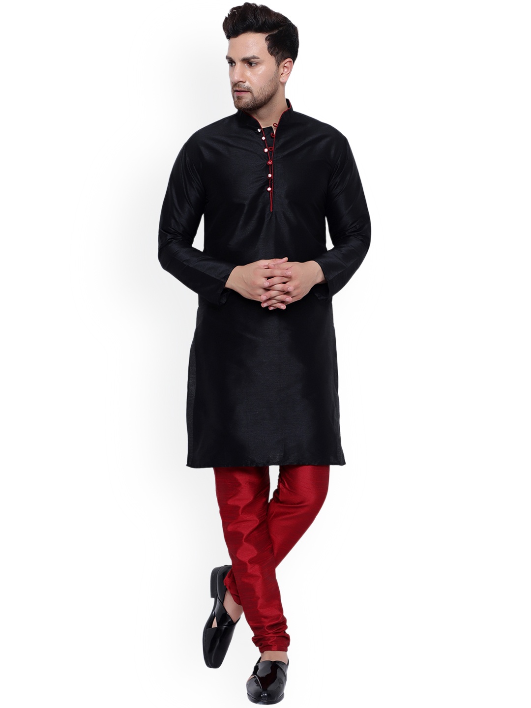 

ONNIX Mandarin Collar Long Sleeve Regular Kurta with Churidar, Black