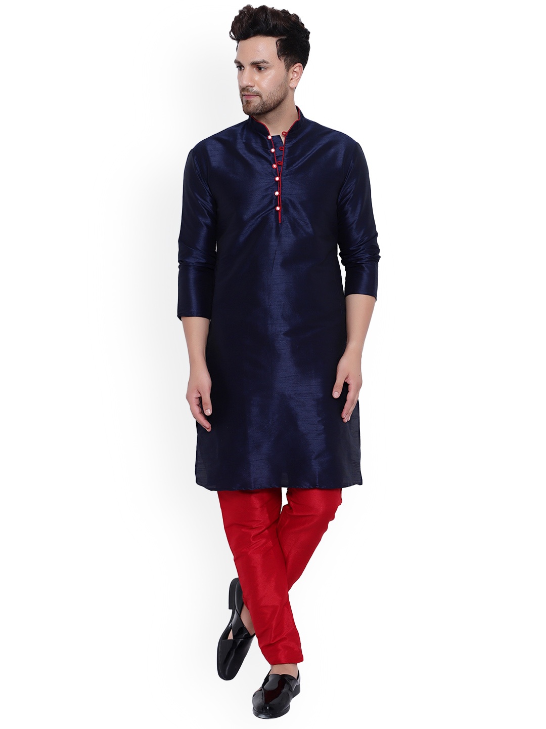 

ONNIX Mandarin Collar Long Sleeve Regular Kurta with Pyjama, Navy blue