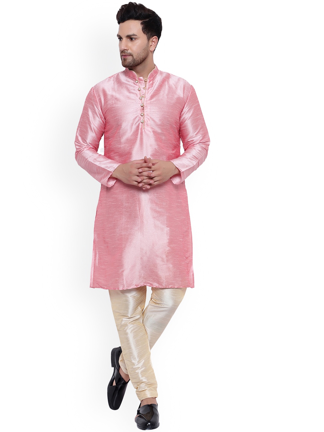

ONNIX Mandarin Collar Long Sleeve Regular Kurta with Churidar, Pink