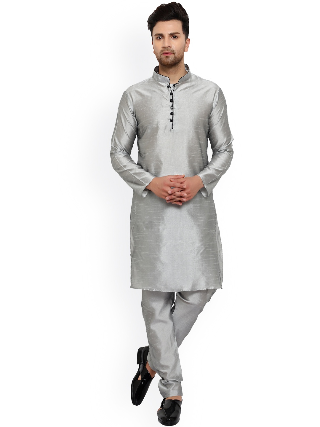 

ONNIX Mandarin Collar Kurta with Churidar Set, Silver