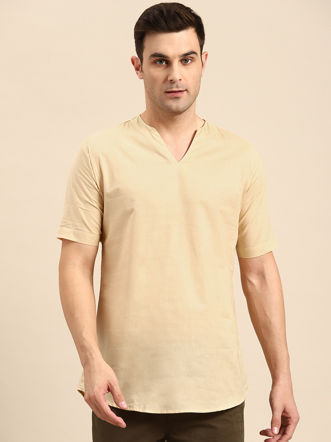 

RAJUBHAI HARGOVINDAS Men Solid Cotton Kurta, Beige
