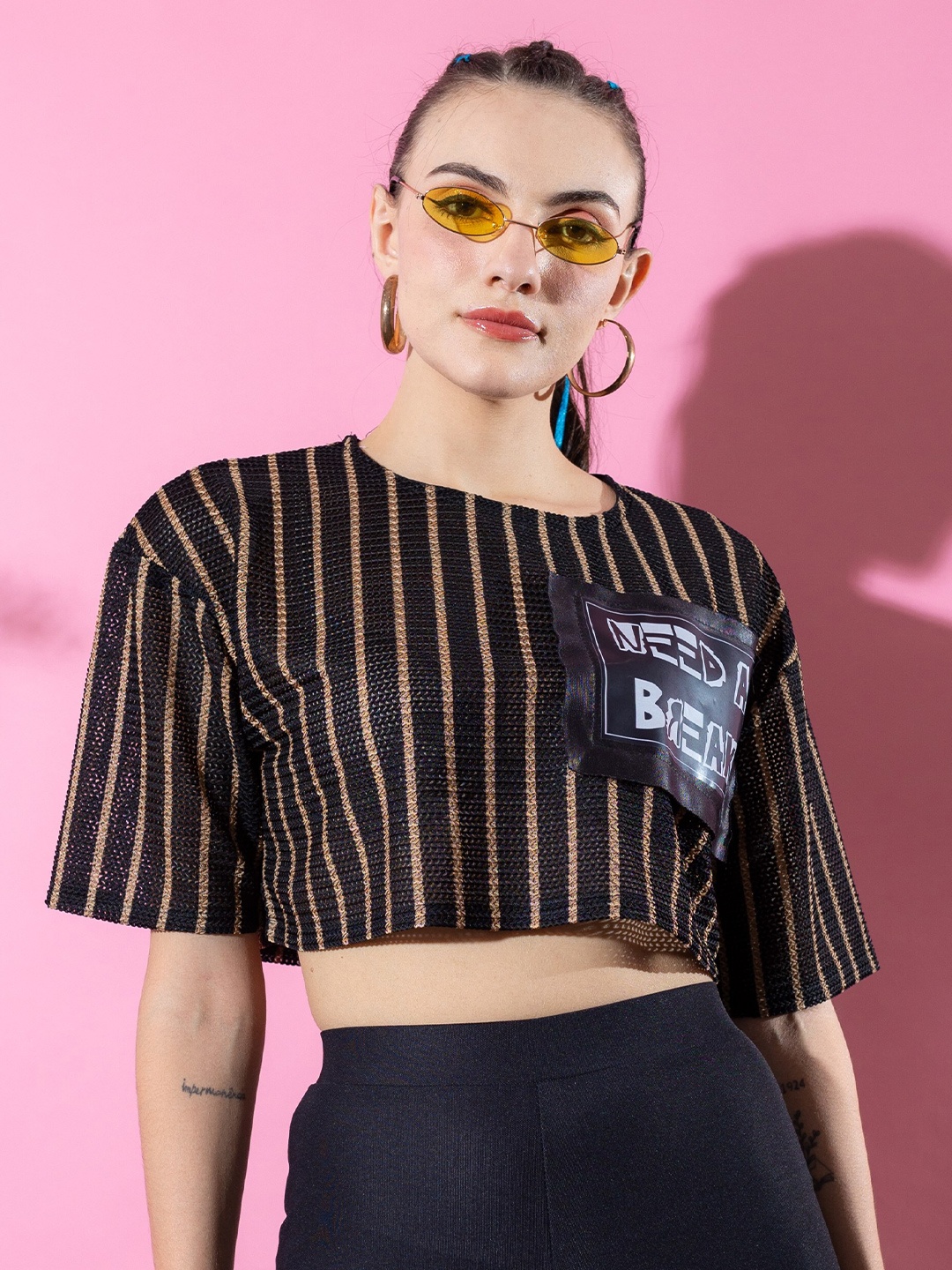 

Stylecast X Hersheinbox Black Striped Regular Crop Top