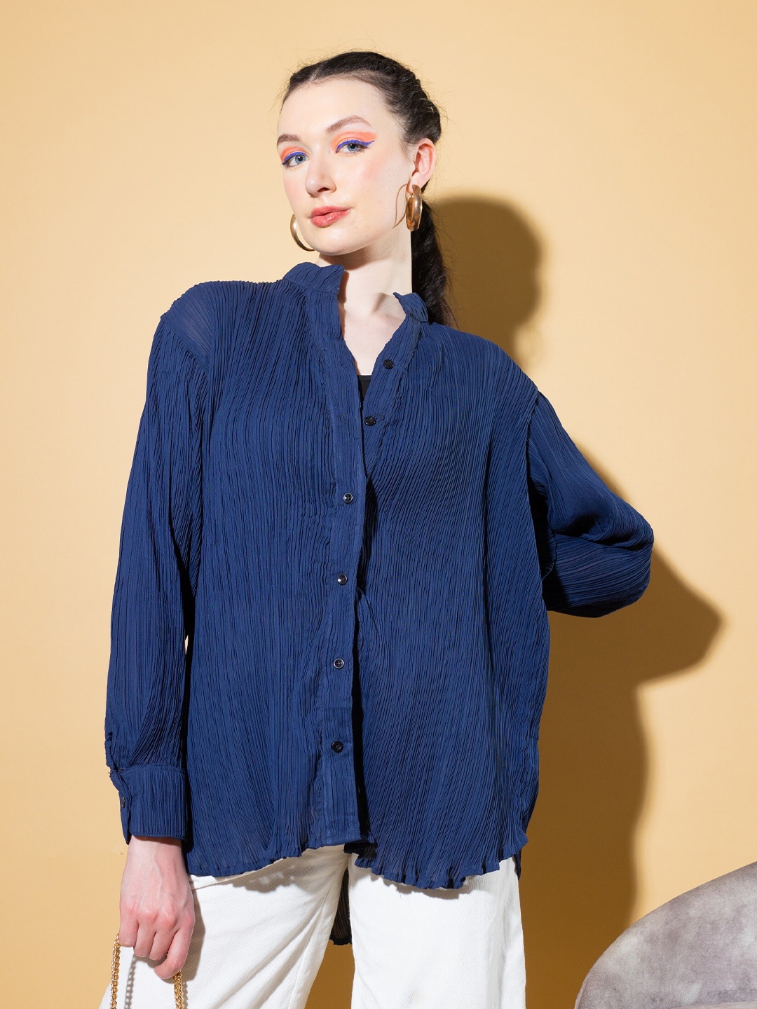 

Stylecast X Hersheinbox Blue Self Design Mandarin Collar Casual Shirt
