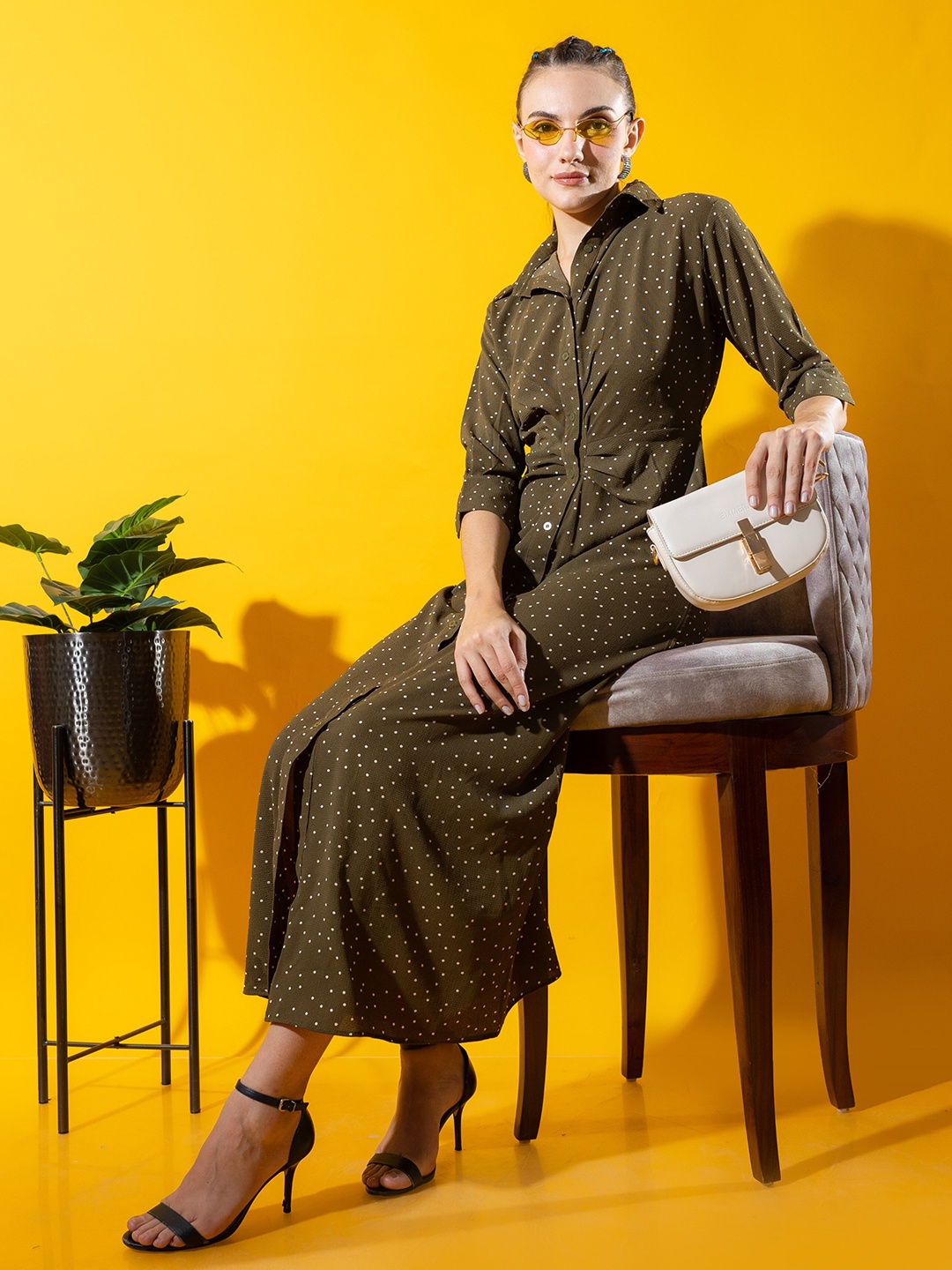 

Stylecast X Hersheinbox Khaki Colour Polka Dots Printed Cuffed Sleeve Shirt Dress
