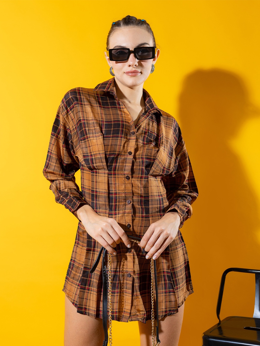 

Stylecast X Hersheinbox Brown Colour Checked Shirt Collar Pleated Shirt Dress