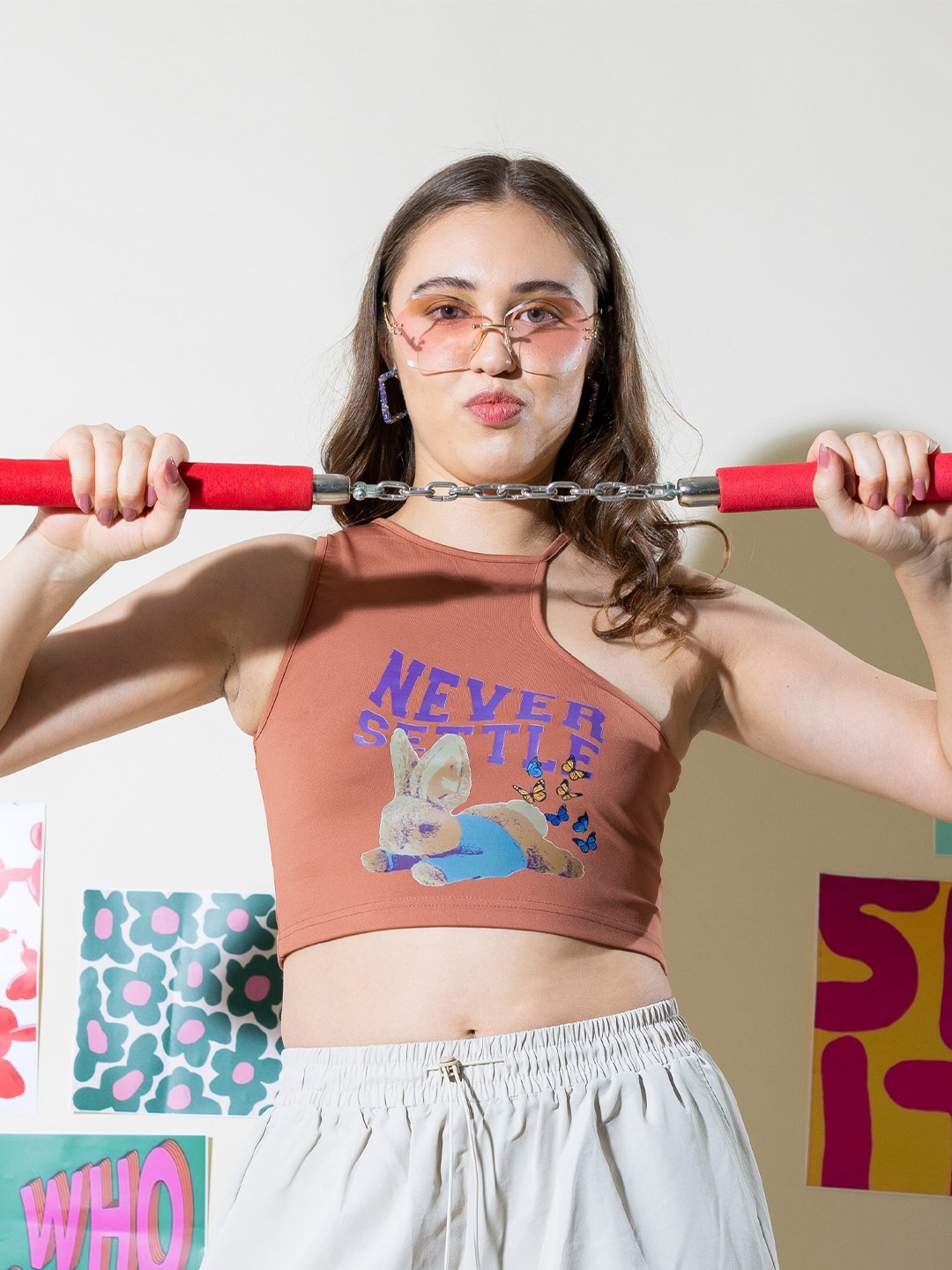 

Stylecast X Hersheinbox Brown Printed One Shoulder Crop Top
