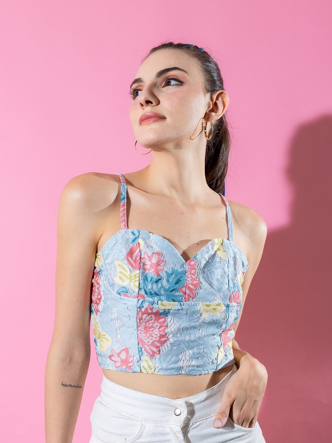 

Stylecast X Hersheinbox Turquoise Blue & Pink Colour Self Design Fitted Crop Top