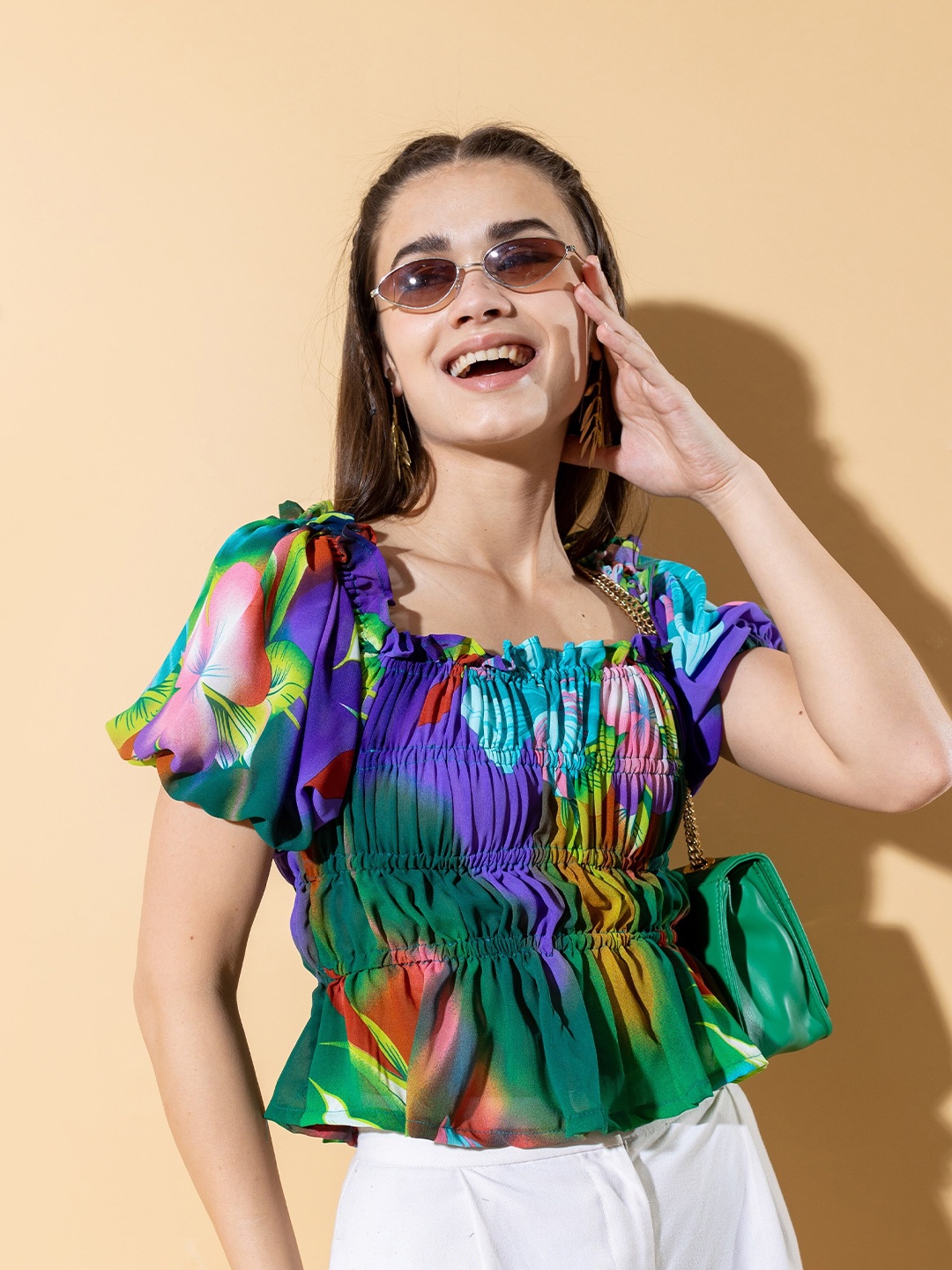 

Stylecast X Hersheinbox Green & Purple Printed Smocked Blouson Top