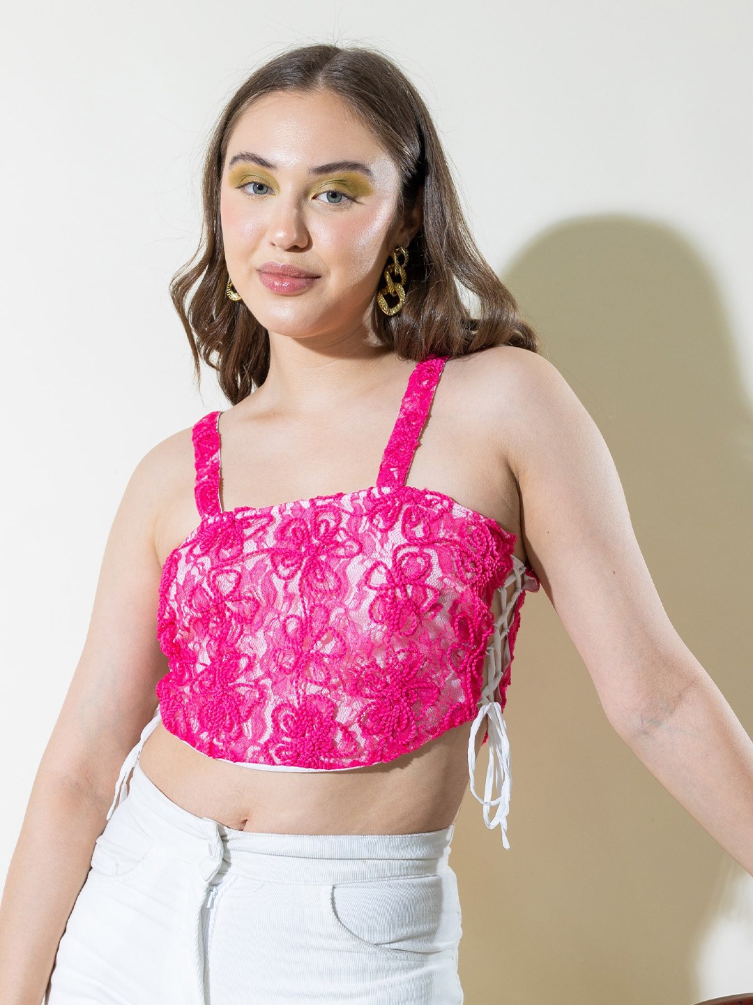 

Stylecast X Hersheinbox Pink Floral Self Design Bralette Crop Top
