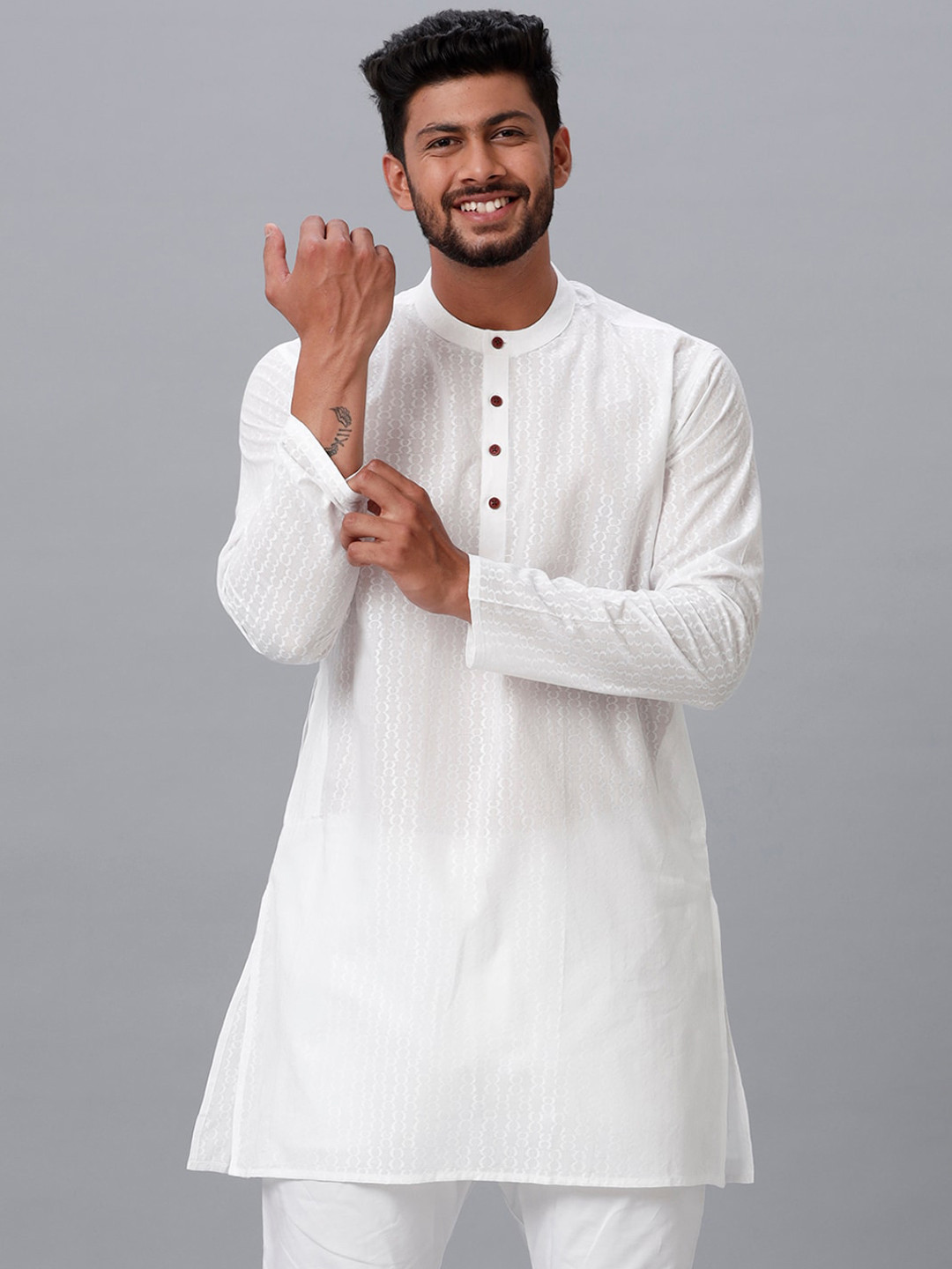 

Ramraj Woven Design Band Collar Cotton Kurta, White