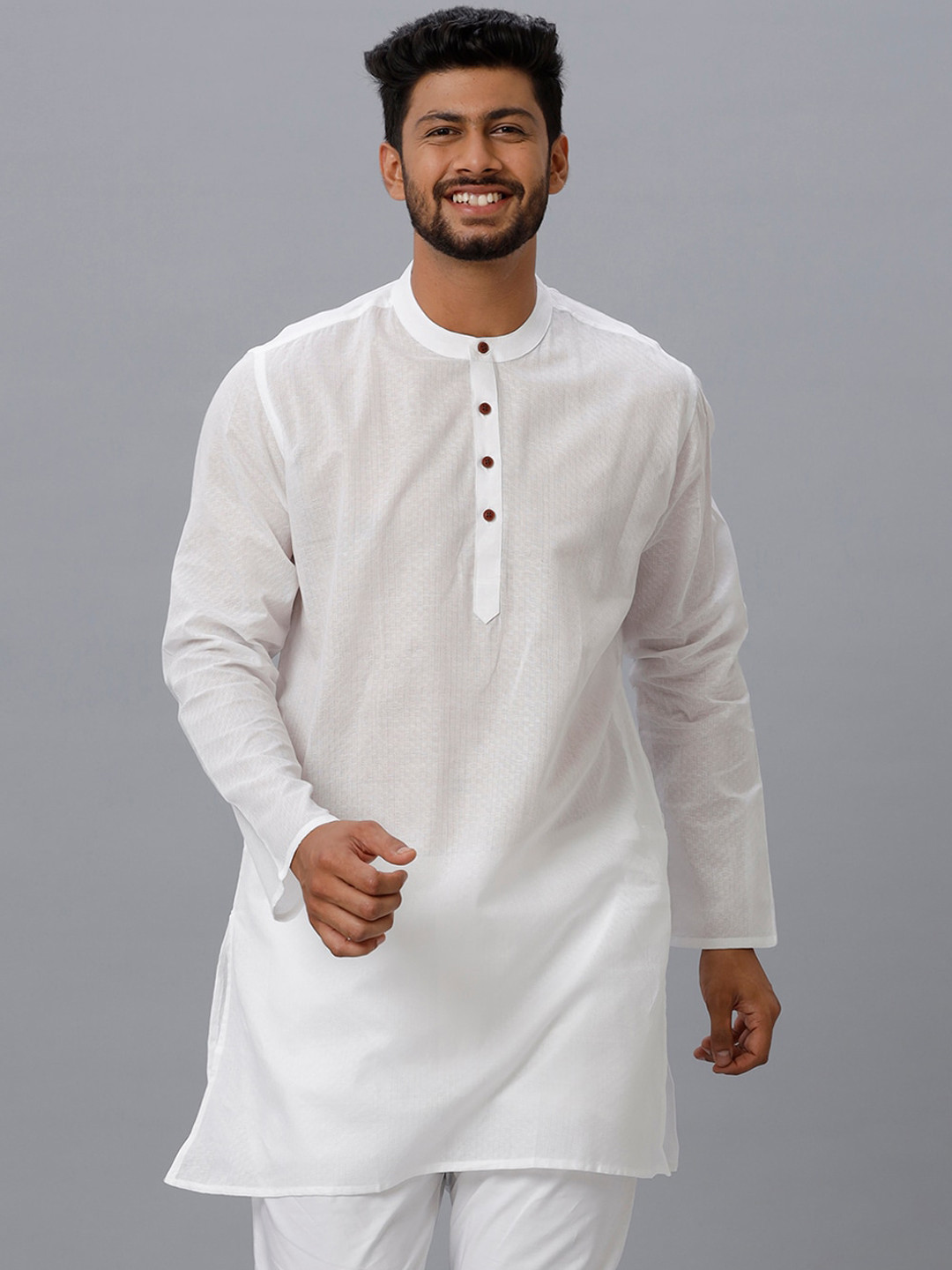 

Ramraj Woven Design Band Collar Cotton Kurta, White