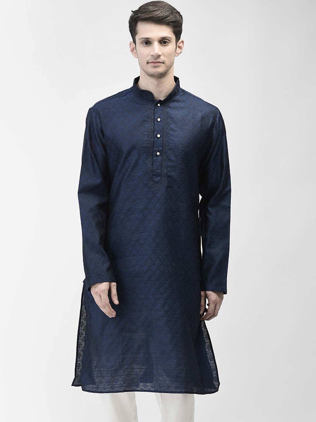 

SG LEMAN Ethnic Motifs Woven Designed Thread Work Straight Jacquard Kurta, Navy blue