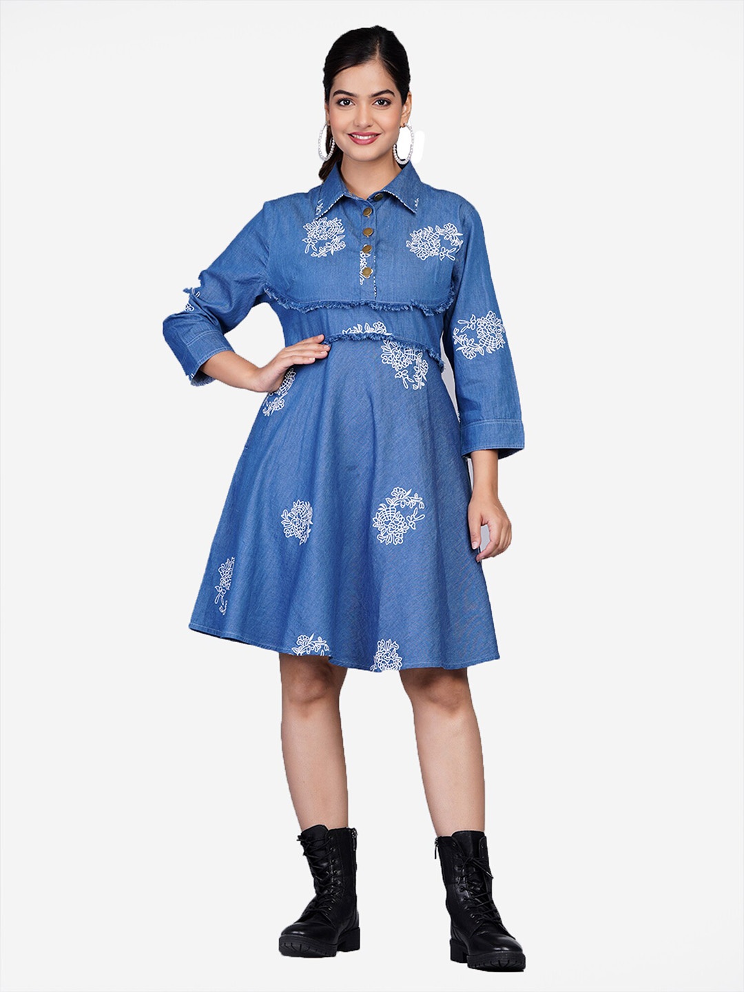 

SUMAVI-FASHION Blue & White Colour Shirt Collar Embroidered Cotton Denim Fit & Flare Dress