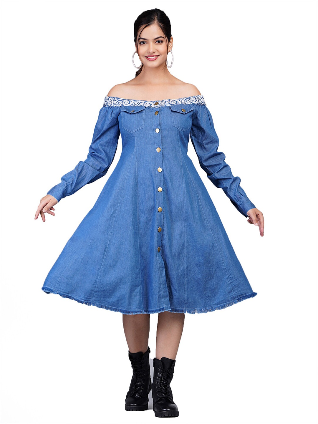 

SUMAVI-FASHION Off Shoulder Embroidered Cotton & Denim Fit & Flare Dress, Blue