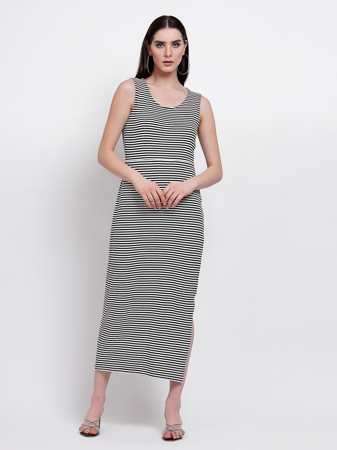 

YOONOY Striped Round Neck Sleeveless Cotton Sheath Midi Dress, Black