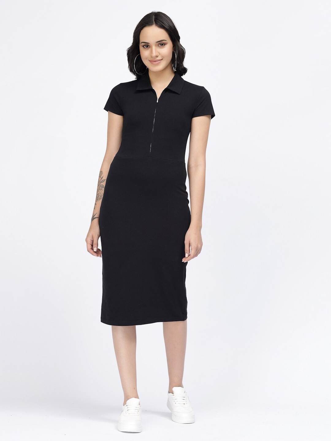 

YOONOY Shirt Collar Cotton T-Shirt Midi Dress, Black