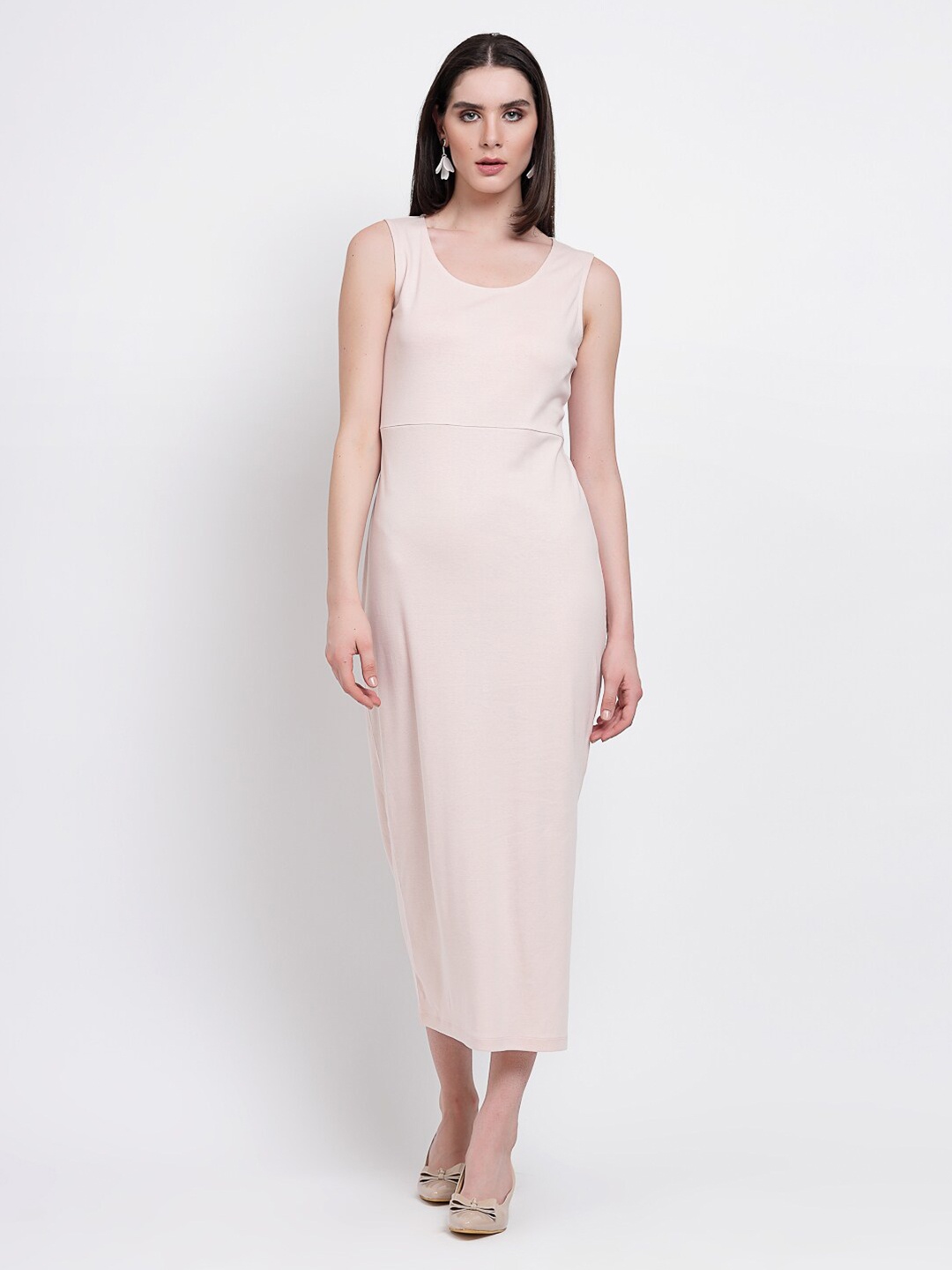 

YOONOY Round Neck Cotton A Line Midi Dress, Pink
