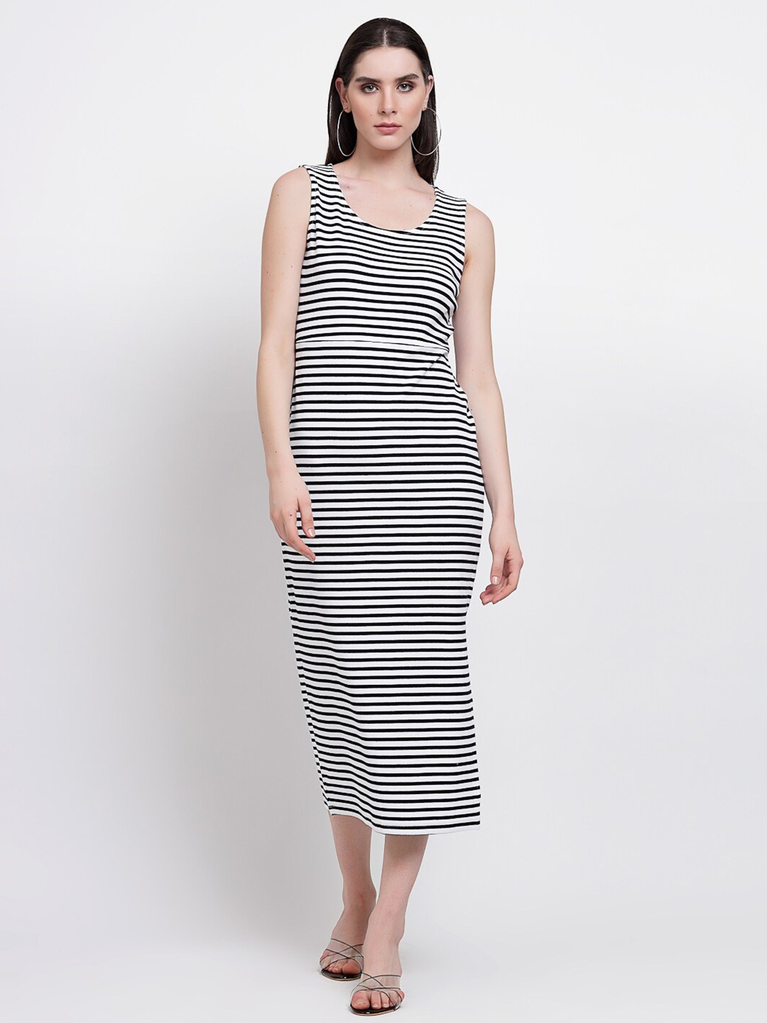 

YOONOY Monochrome Striped Sleeveless Cotton A-Line Midi Dress, Black