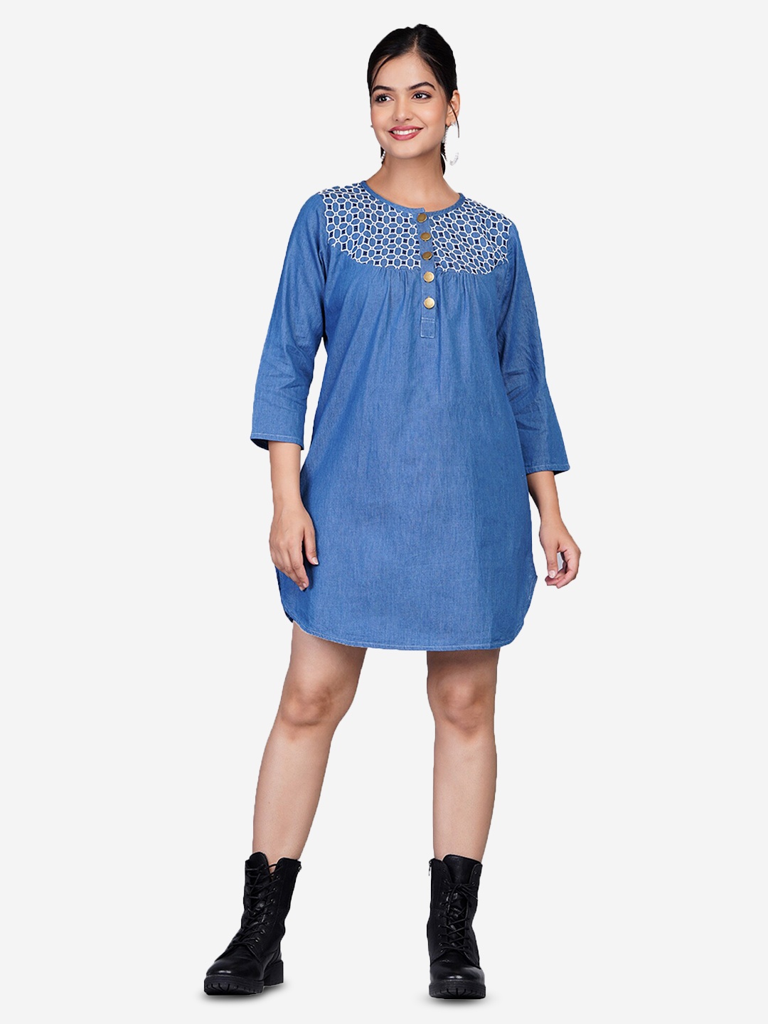 

SUMAVI-FASHION Round Neck Lace Up Cotton Denim A-Line Dress, Blue
