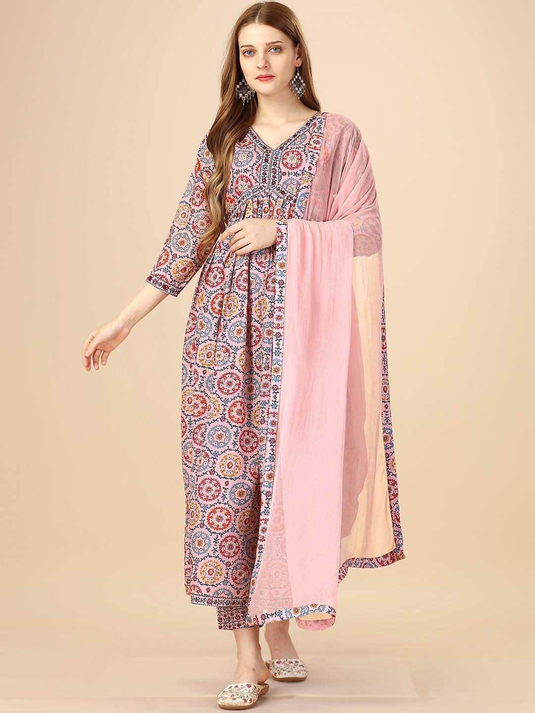 

heemara Ethnic Motifs Printed Empire Kurta & Trousers With Dupatta, Pink