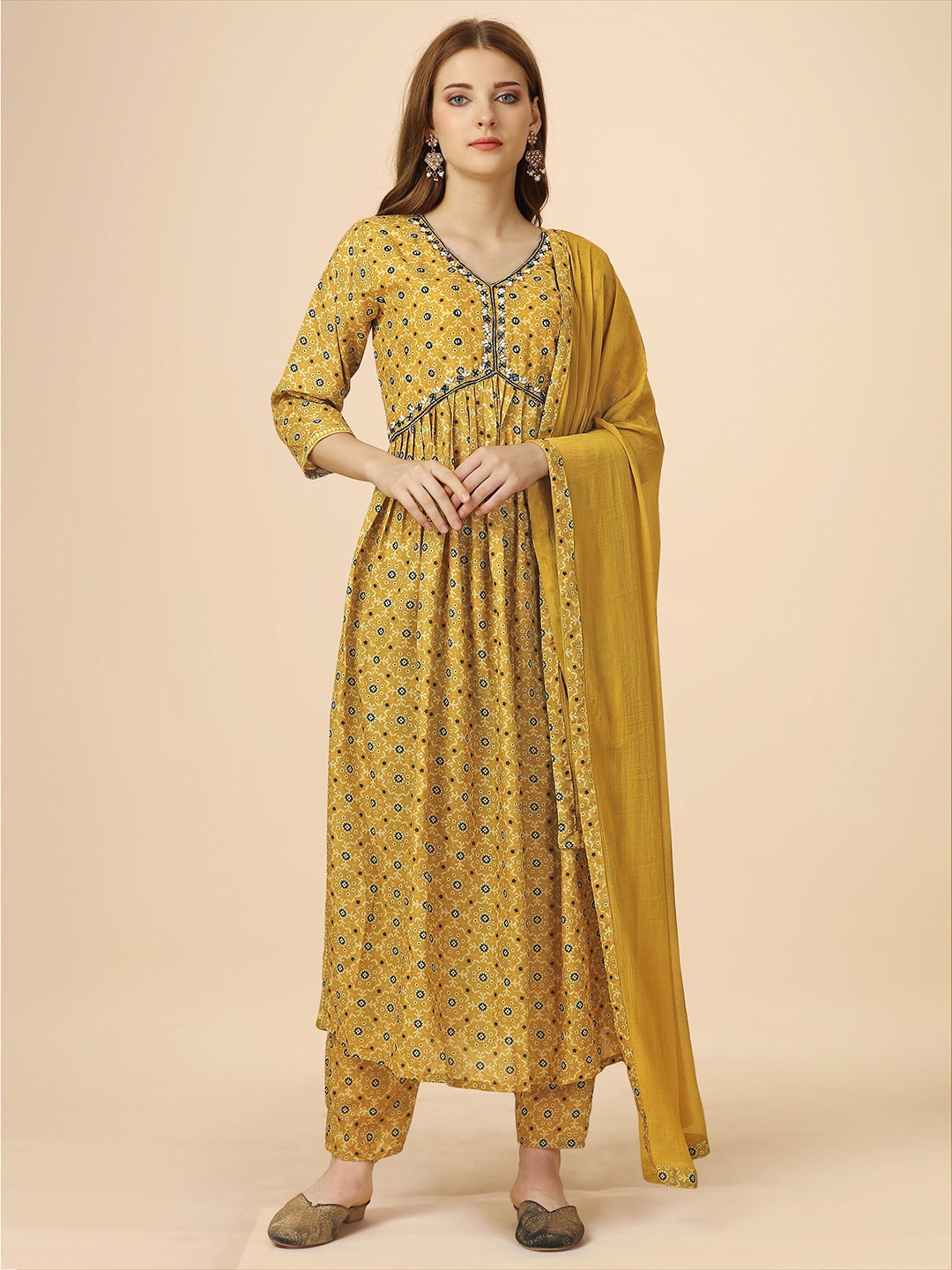 

heemara Ethnic Motifs Printed Empire Kurta & Trousers With Dupatta, Mustard