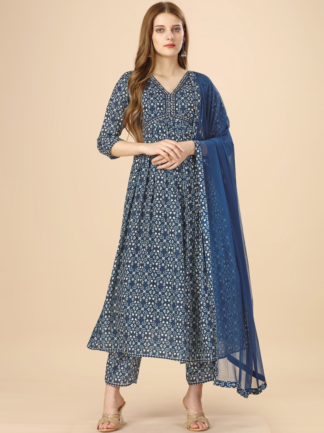 

heemara Ethnic Motifs Printed Empire Kurta & Trousers With Dupatta, Navy blue