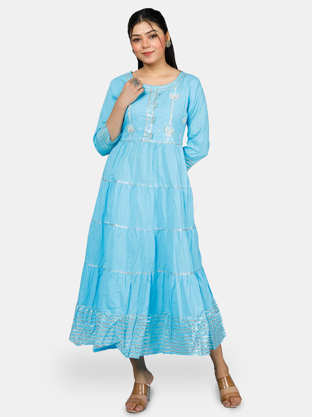 

KALINI Gotta Patti Embroidered Regular Sleeves Cotton Fit & Flare Midi Ethnic Dress, Blue