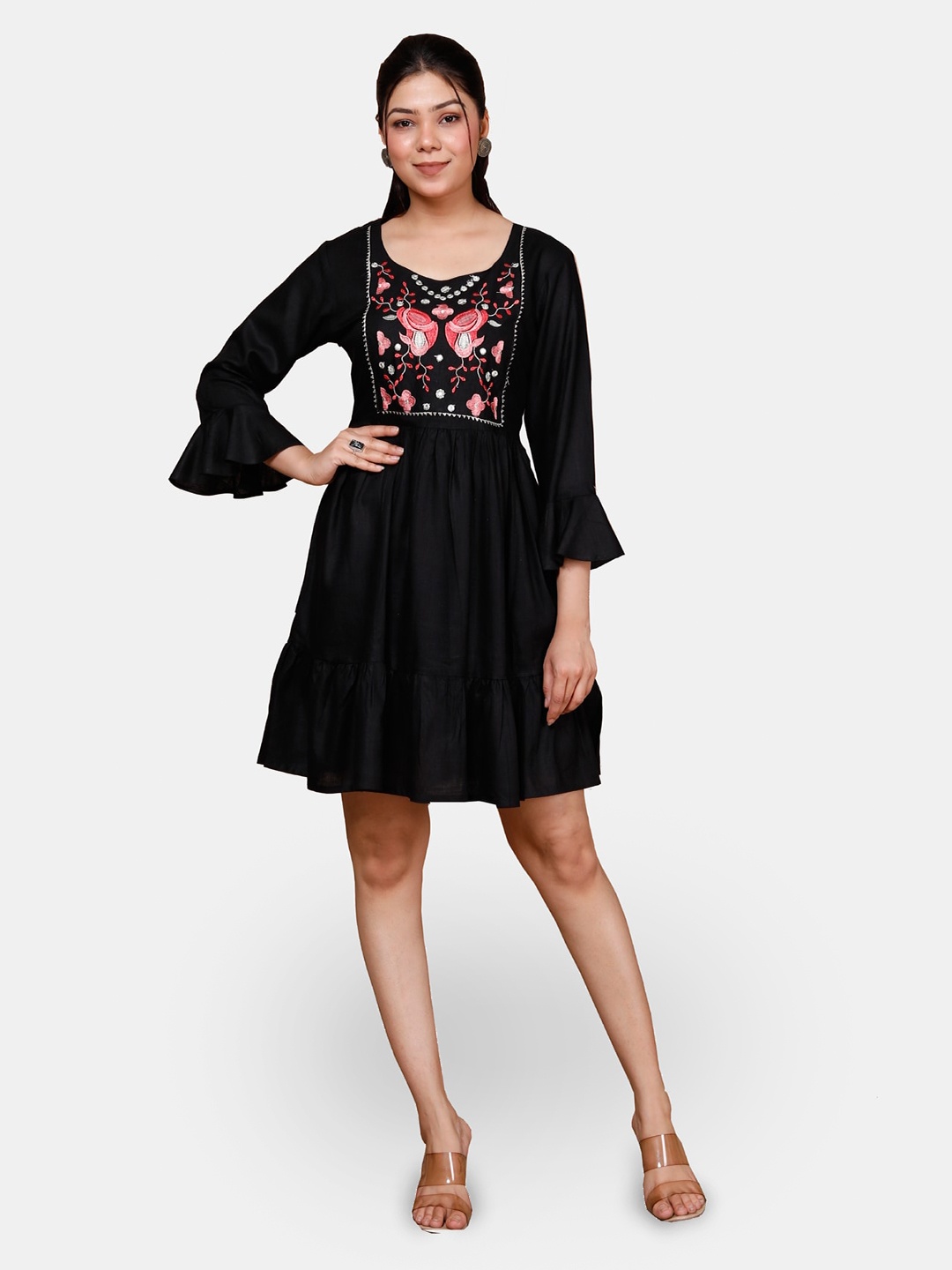 

KALINI Bell Sleeves Embroidered Detailed Fit & Flare Dress, Black
