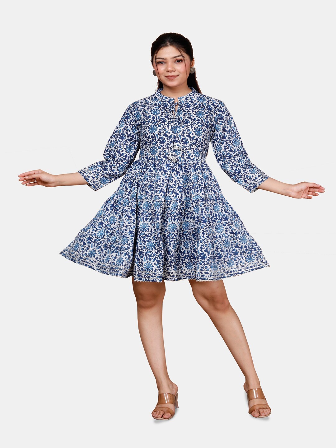 

KALINI Blue Cotton Ethnic motif Fit & Flare Dress