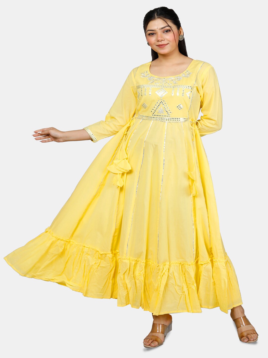

KALINI Embellished Round Neck Pure Cotton Fit & Flare Maxi Ethnic Dress, Yellow