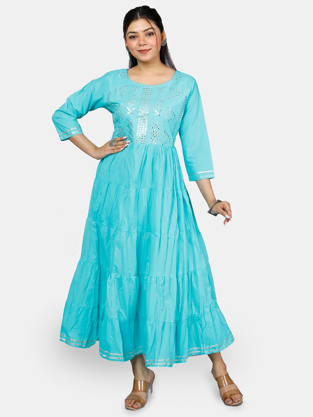 

KALINI Blue Embellished Tiered Fit & Flare Ethnic Dress