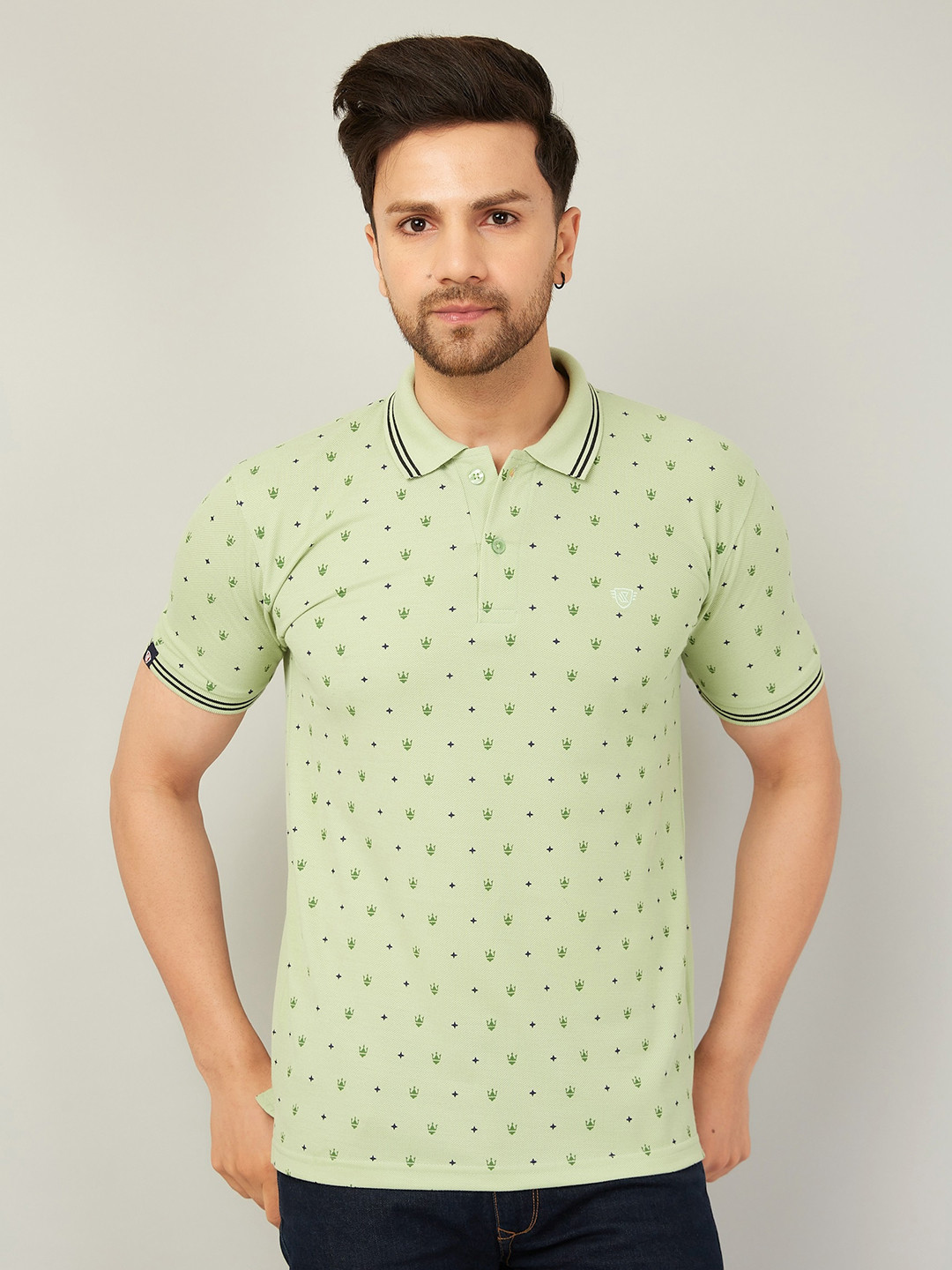 

WE PERFECT Printed Polo Collar Cotton Dry-Fit T-shirt, Sea green