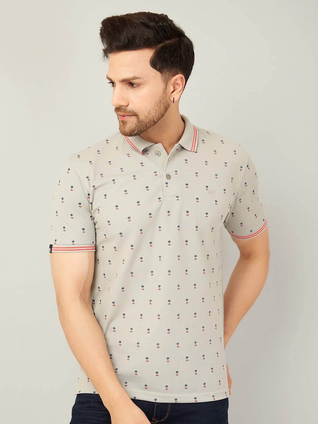 

WE PERFECT Printed Polo Collar Cotton Dry Fit T-shirt, Grey