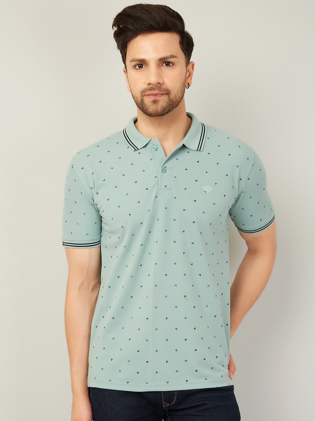 

WE PERFECT Sea Green Micro Ditsy Printed Polo Collar Dry Fit Cotton T-shirt