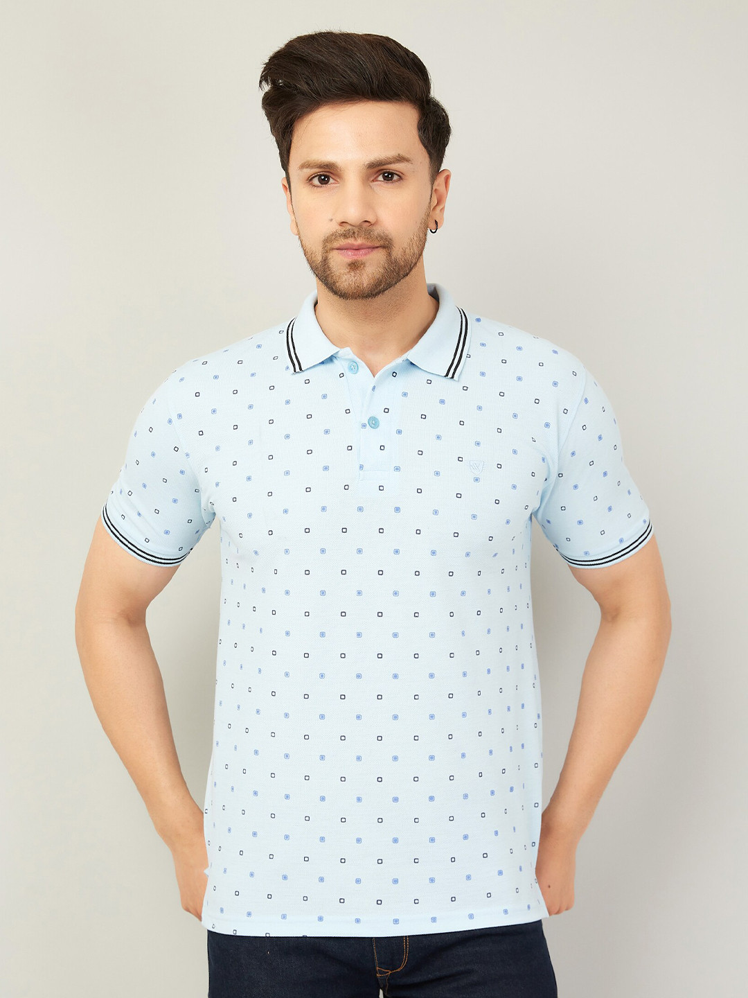 

WE PERFECT Blue Geometric Printed Polo Collar Cotton T-shirt