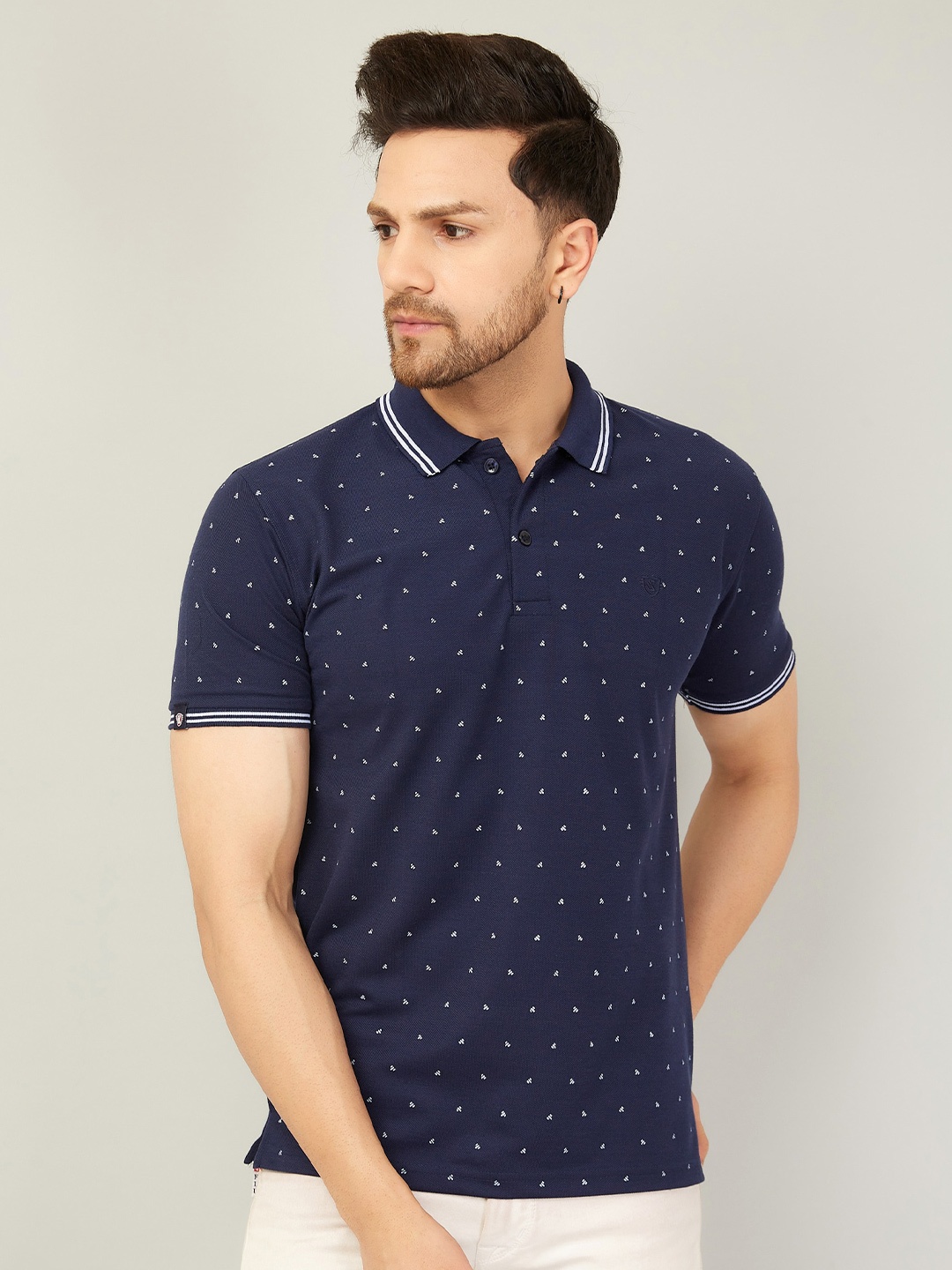 

WE PERFECT Printed Polo Collar Cotton Dry Fit T-shirt, Navy blue