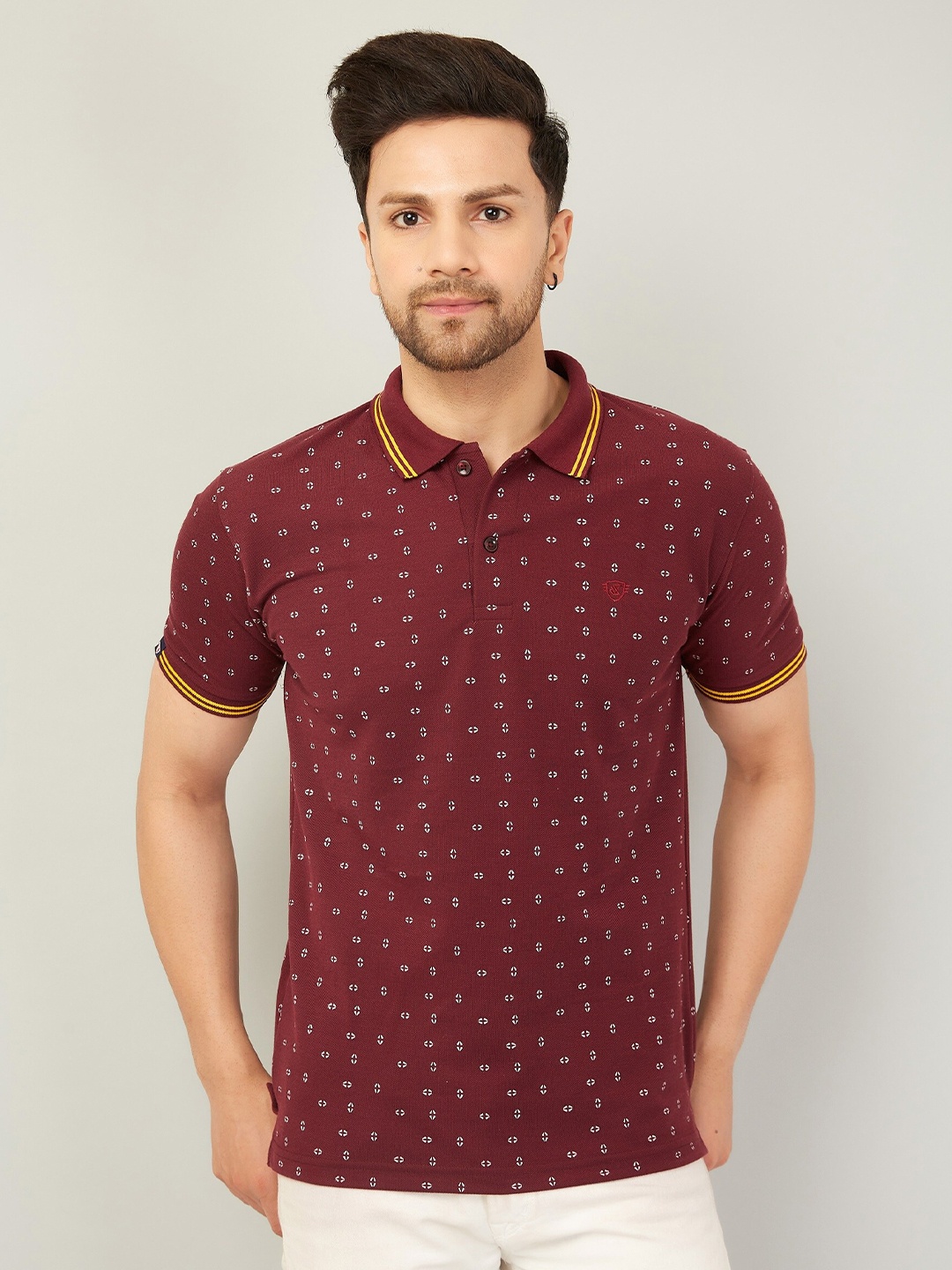 

WE PERFECT Geometric Printed Polo Collar Dry Fit Cotton T-shirt, Maroon