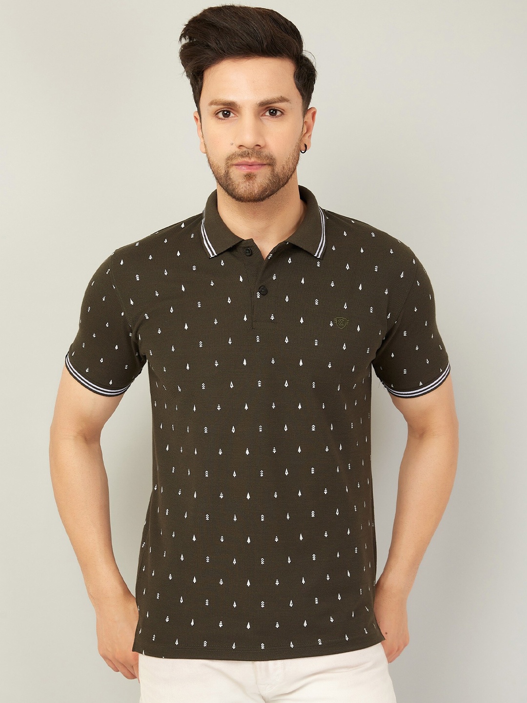 

WE PERFECT Geometric Printed Polo Collar Dry Fit Cotton T-shirt, Olive