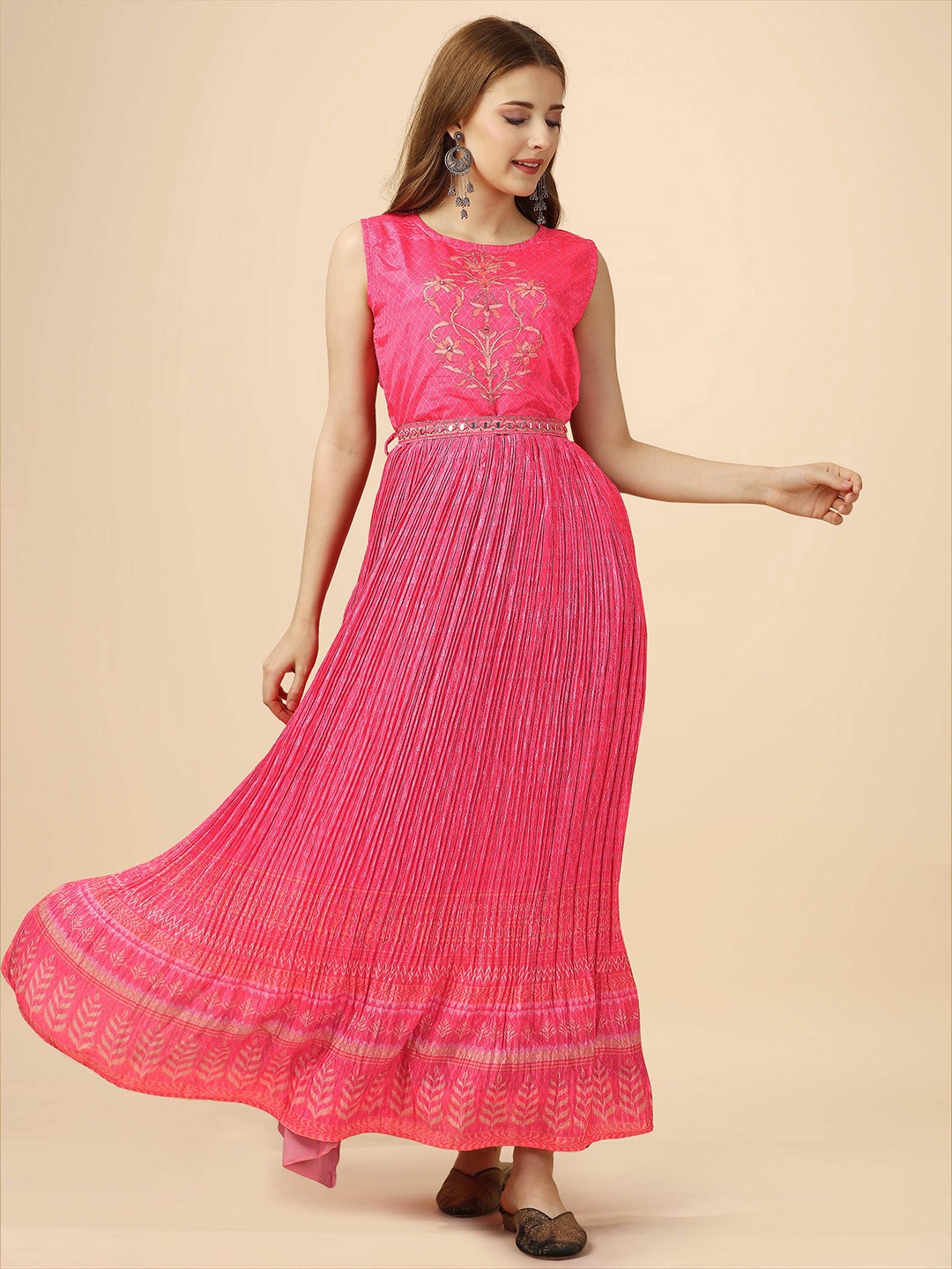

heemara Embroidered Accordion Pleated Silk Fit & Flare Ethnic Dress, Pink