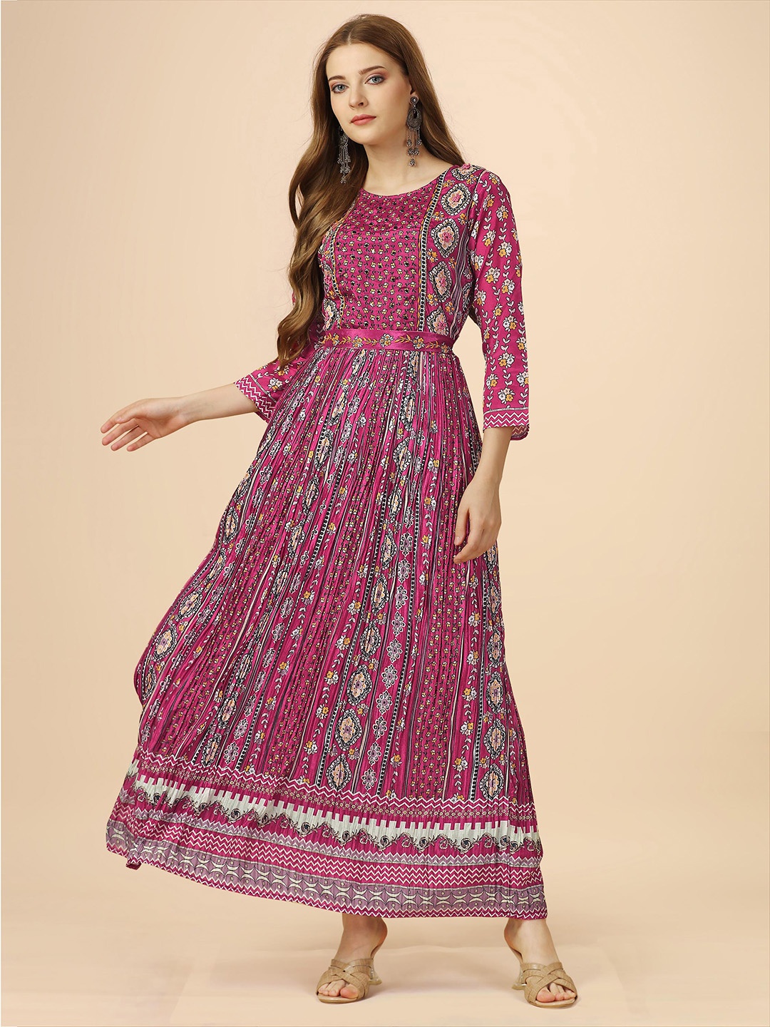 

heemara Ethnic Motifs Printed Chiffon Ethnic Dress, Magenta