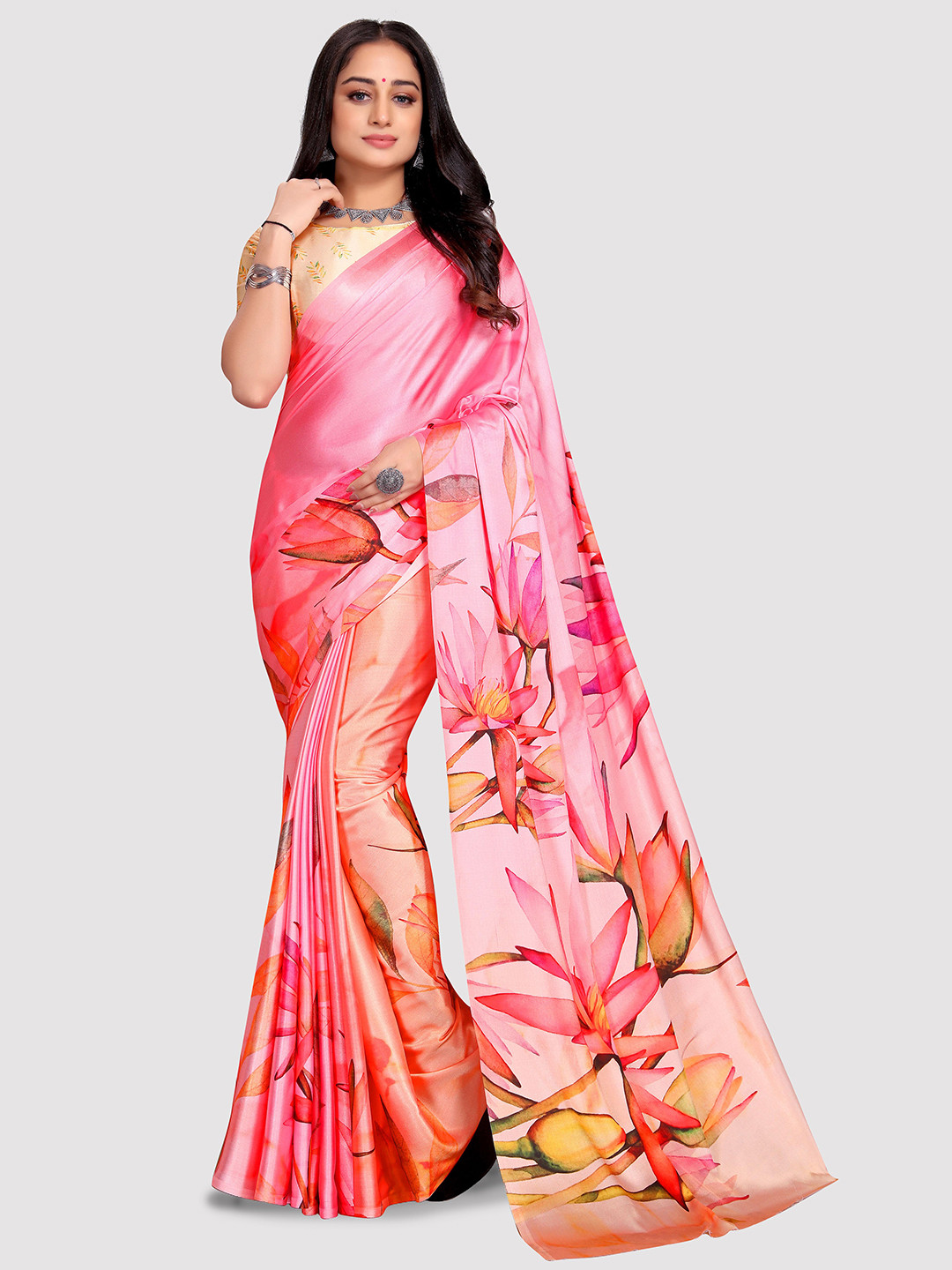 

VENISA Floral Printed Satin Saree, Pink