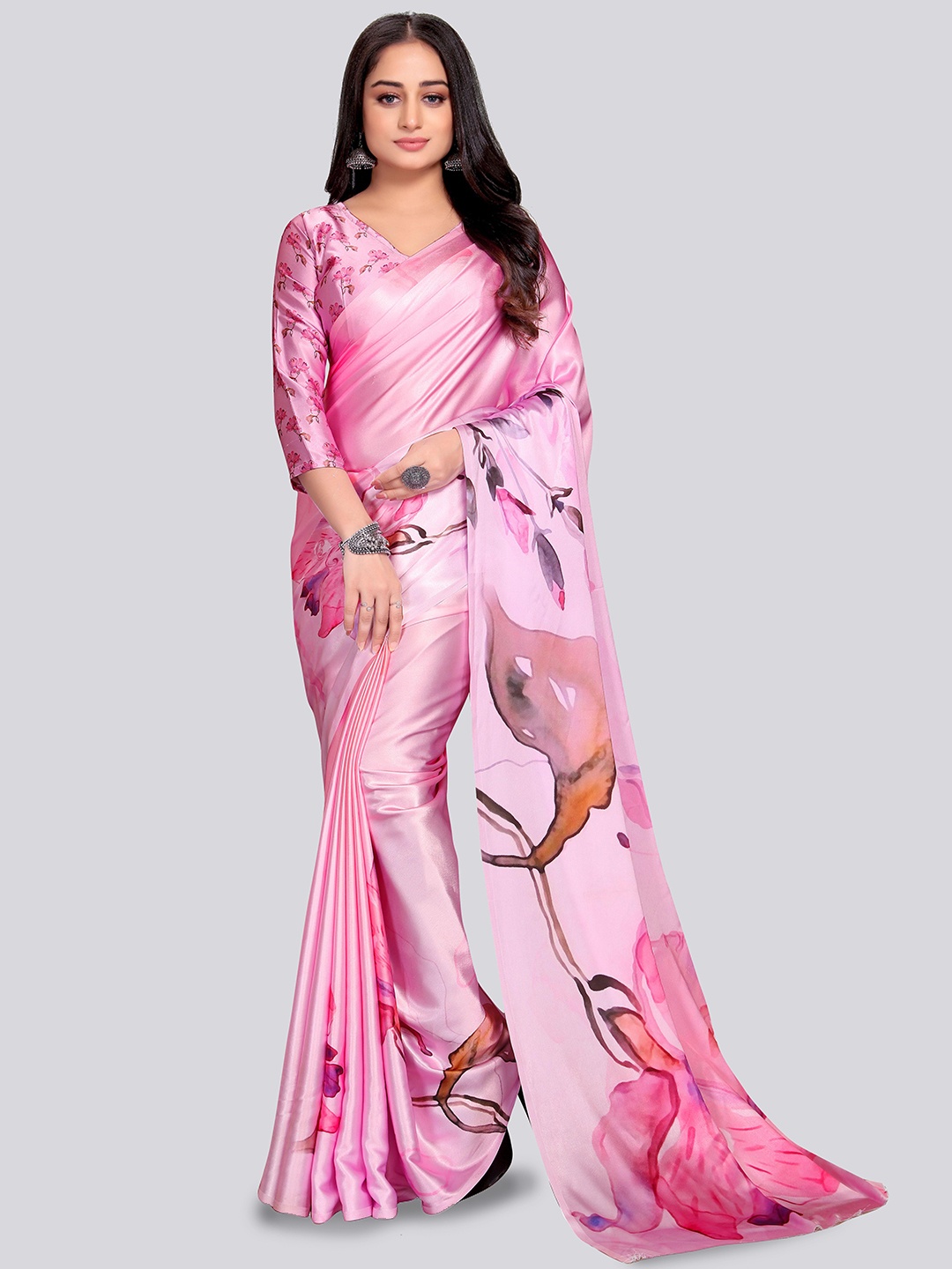 

VENISA Floral Printed Satin Bagh Saree, Pink