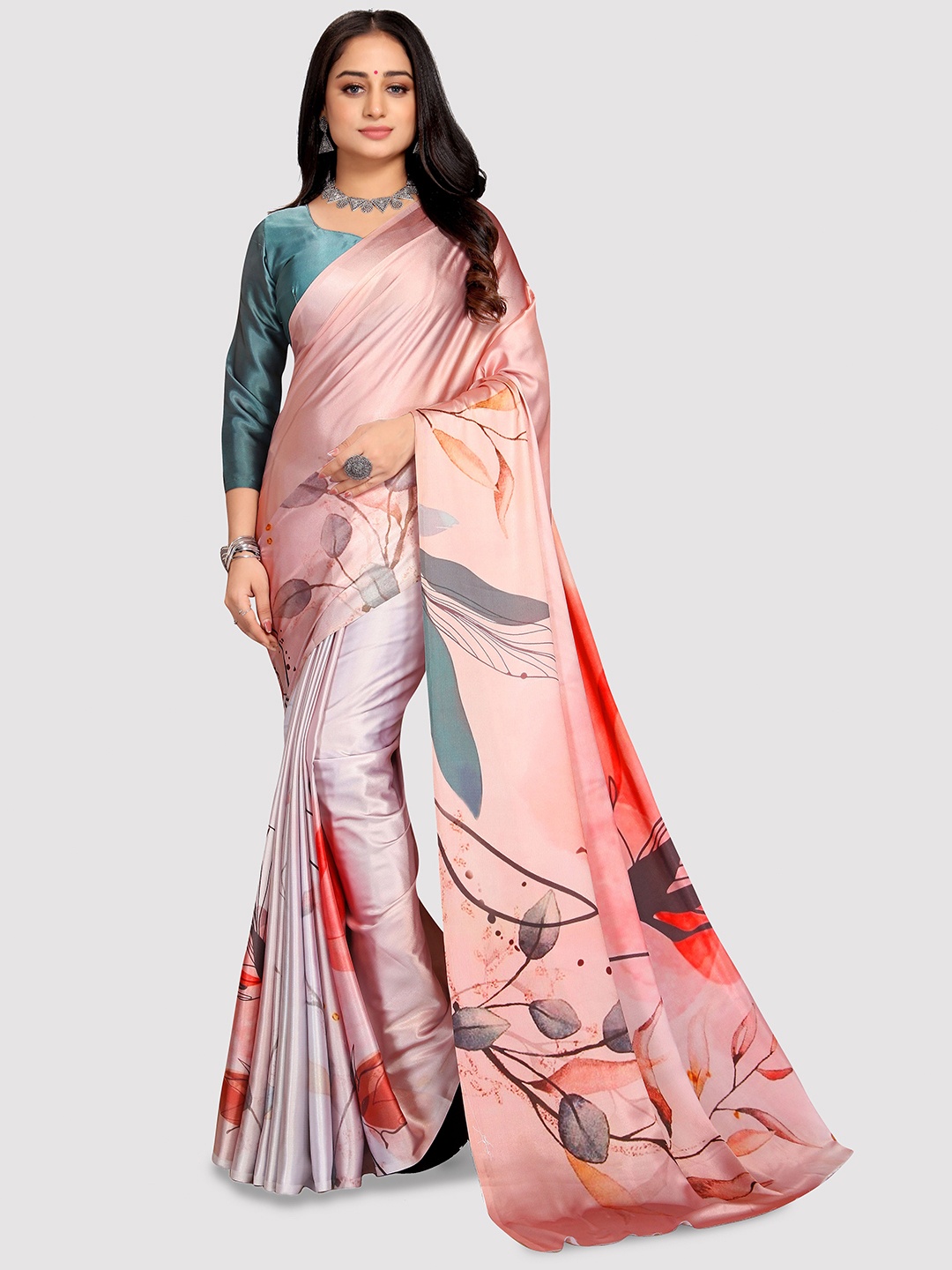 

VENISA Floral Printed Satin Saree, Peach