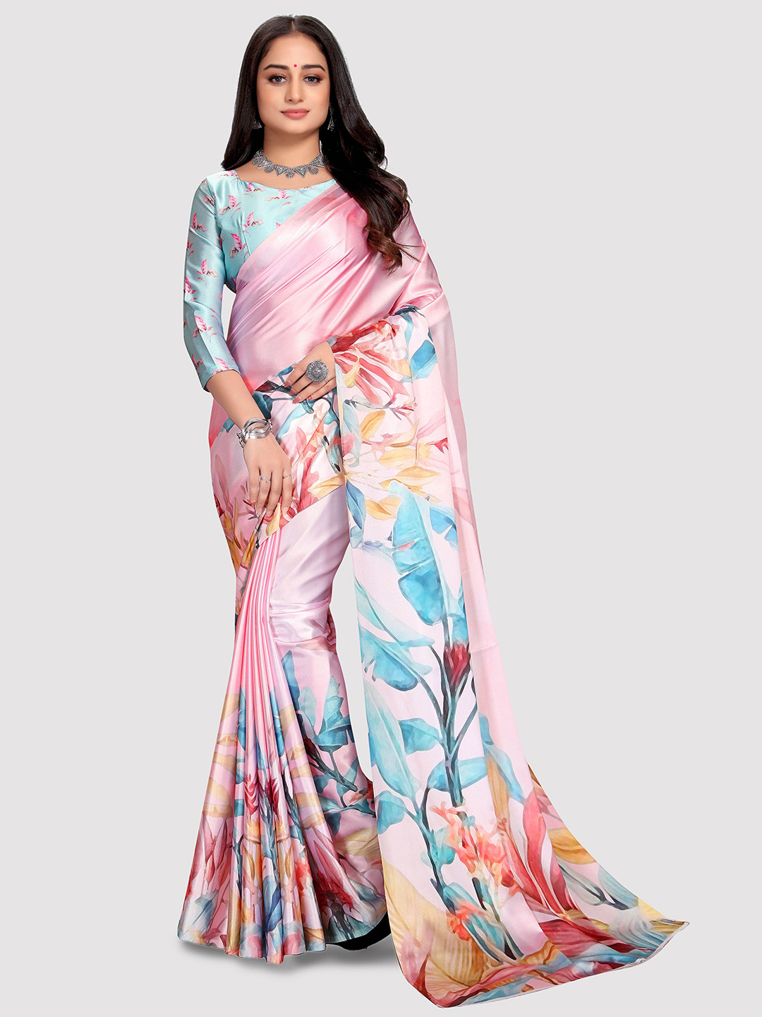 

VENISA Floral Printed Satin Saree, Pink
