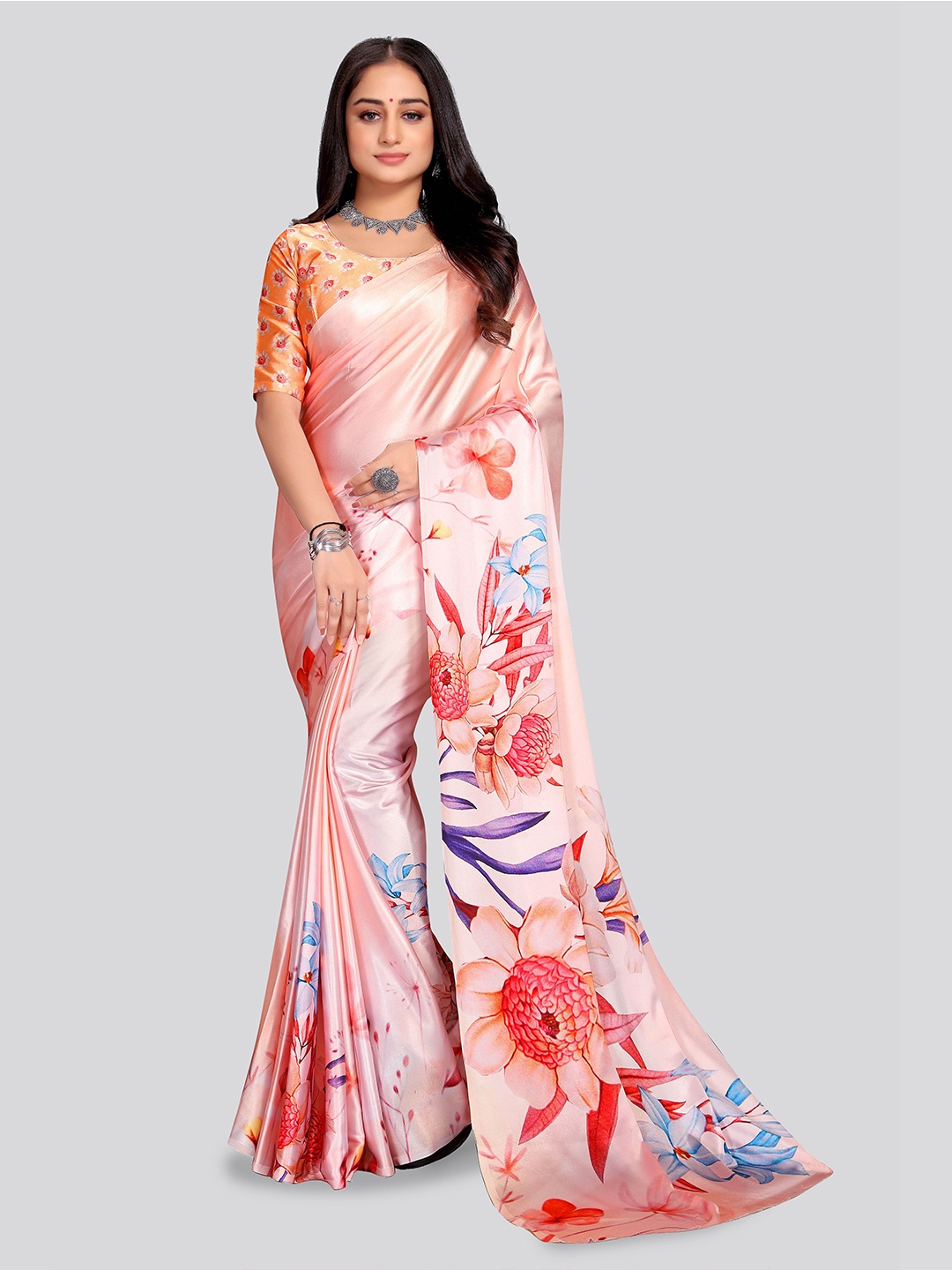 

VENISA Floral Printed Satin Saree, Peach