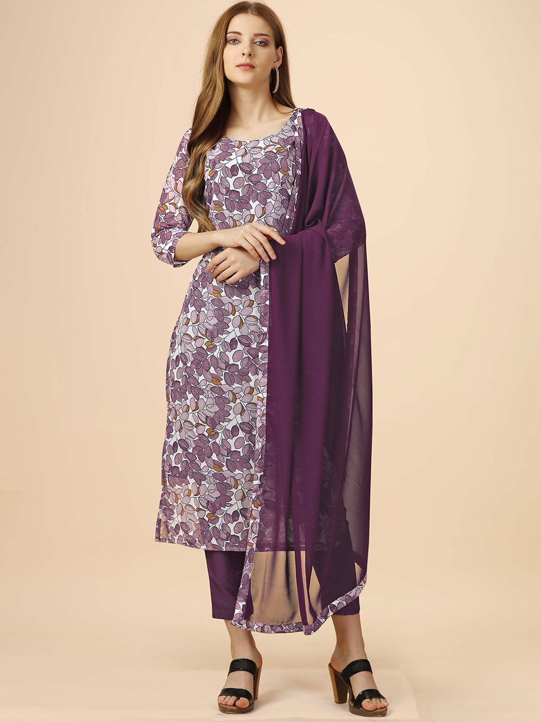 

KALINI Floral Printed Straight Kurta with Trousers & With Dupatta, Burgundy