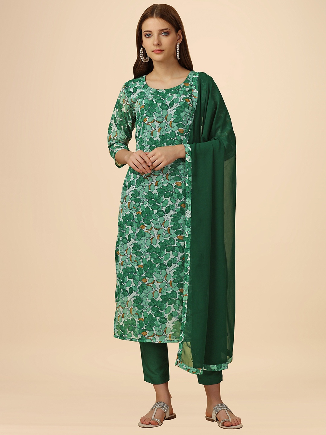 

KALINI Floral Printed Straight Kurta with Trousers & With Dupatta, Green