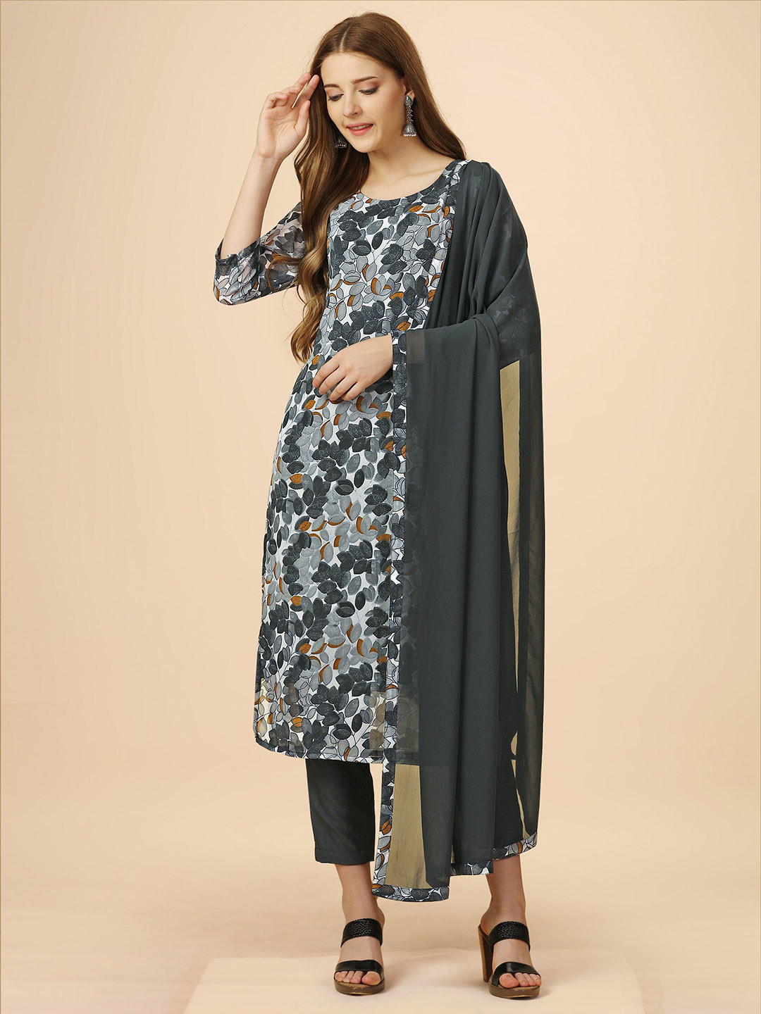 

KALINI Floral Printed Straight Kurta with Trousers & With Dupatta, White